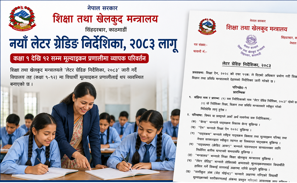 नयाँ लेटर ग्रेडिङ निर्देशिका २०८३ लागू, कक्षा १ देखि १२ सम्म मूल्याङ्कन प्रणालीमा व्यापक परिवर्तन
